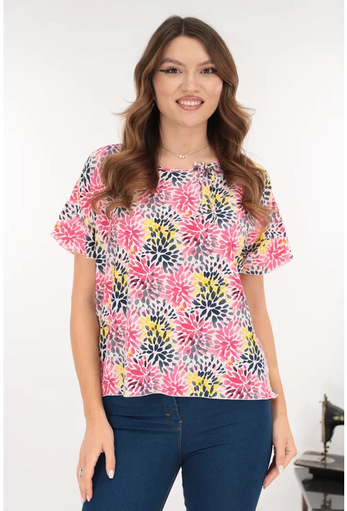 Bluza lejera cu imprimeu floral roz-galben