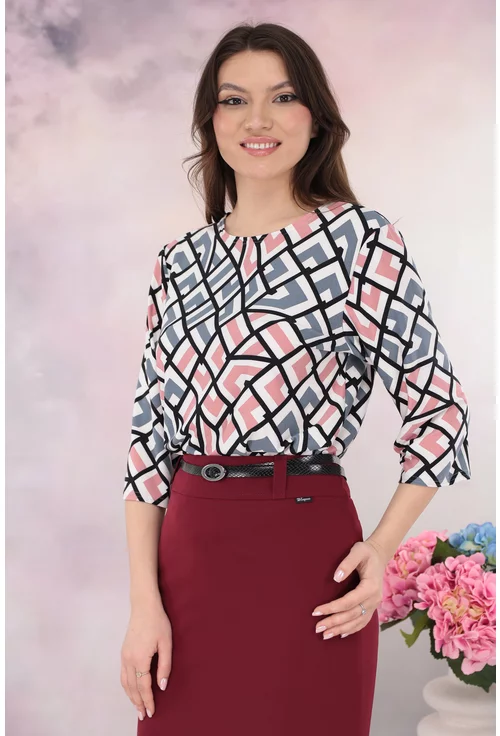 Bluza lejera cu imprimeu geometric roz-bleu