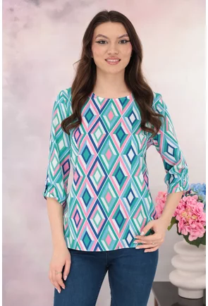 Bluza lejera cu imprimeu geometric roz-verde