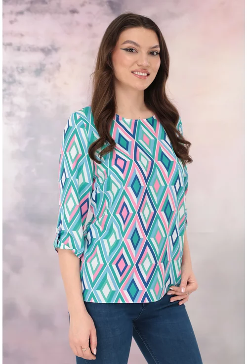 Bluza lejera cu imprimeu geometric roz-verde