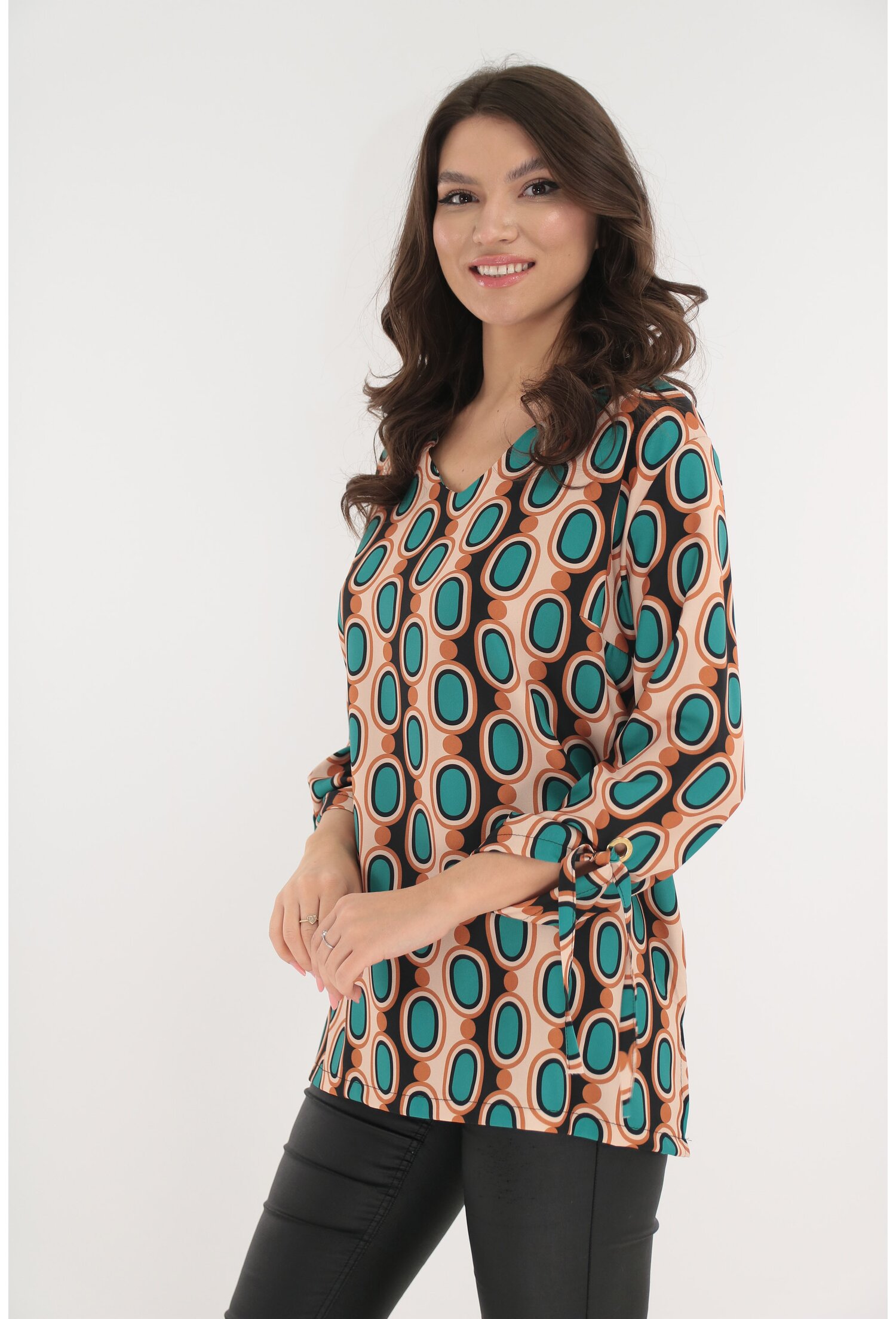 Poze Bluza lejera cu imprimeu geometric verde-bej