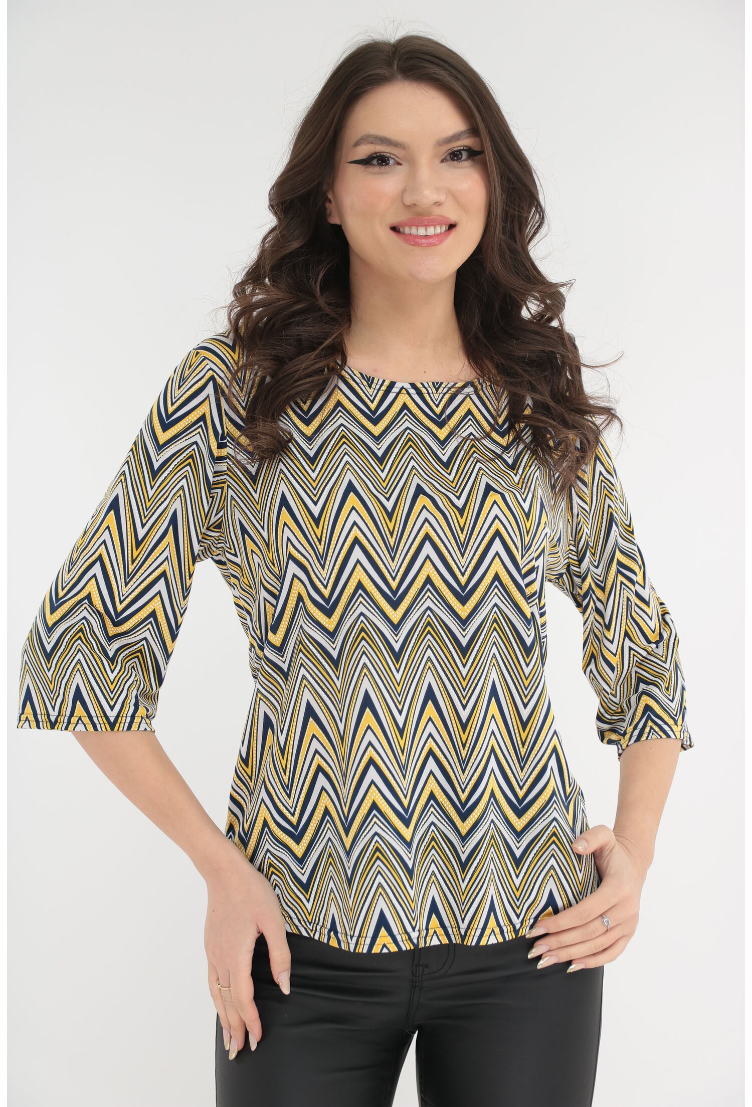 Bluza lejera cu imprimeu zig-zag bleumarin-mustar