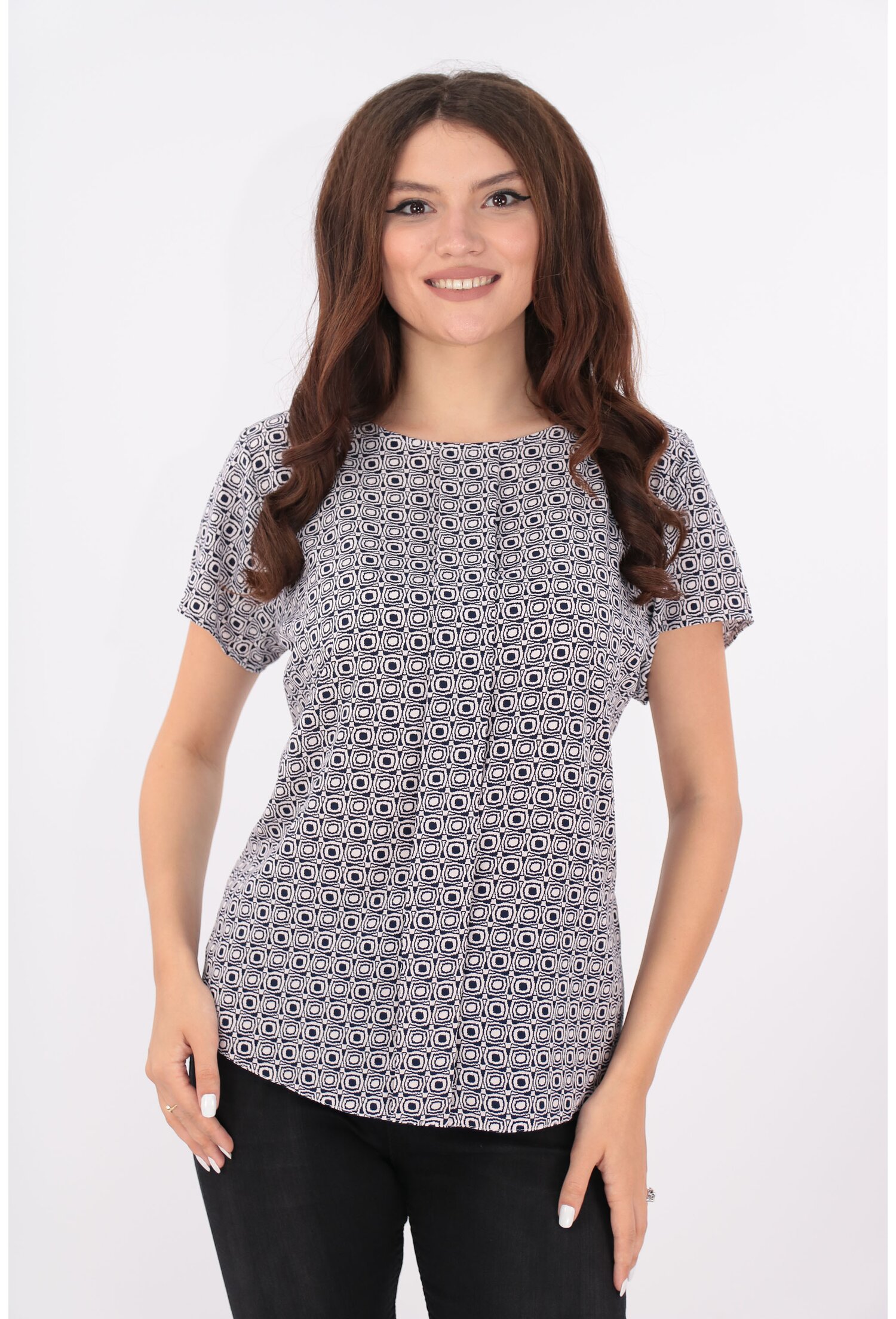 Bluza lejera cu print geometric alb-bleumarin