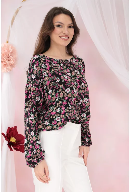 Bluza lejera neagra cu imprimeu floral roz