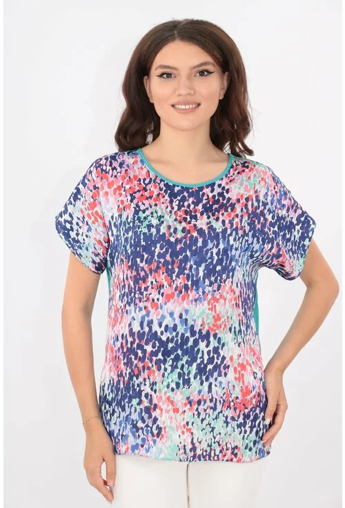 Bluza lejera turcoaz cu print multicolor