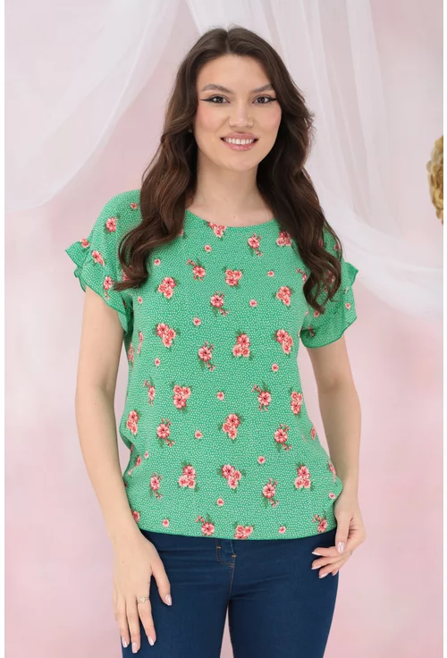 Bluza lejera verde cu print floral corai