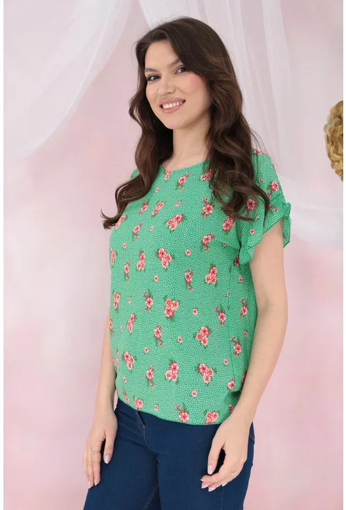 Bluza lejera verde cu print floral corai