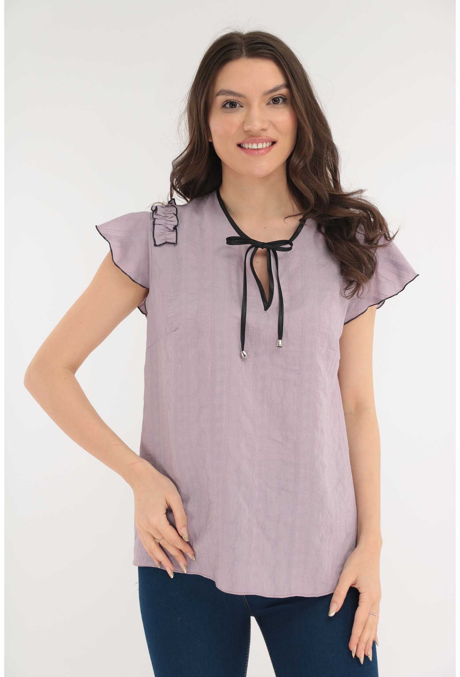 Poze Bluza lila din bumbac cu volanase