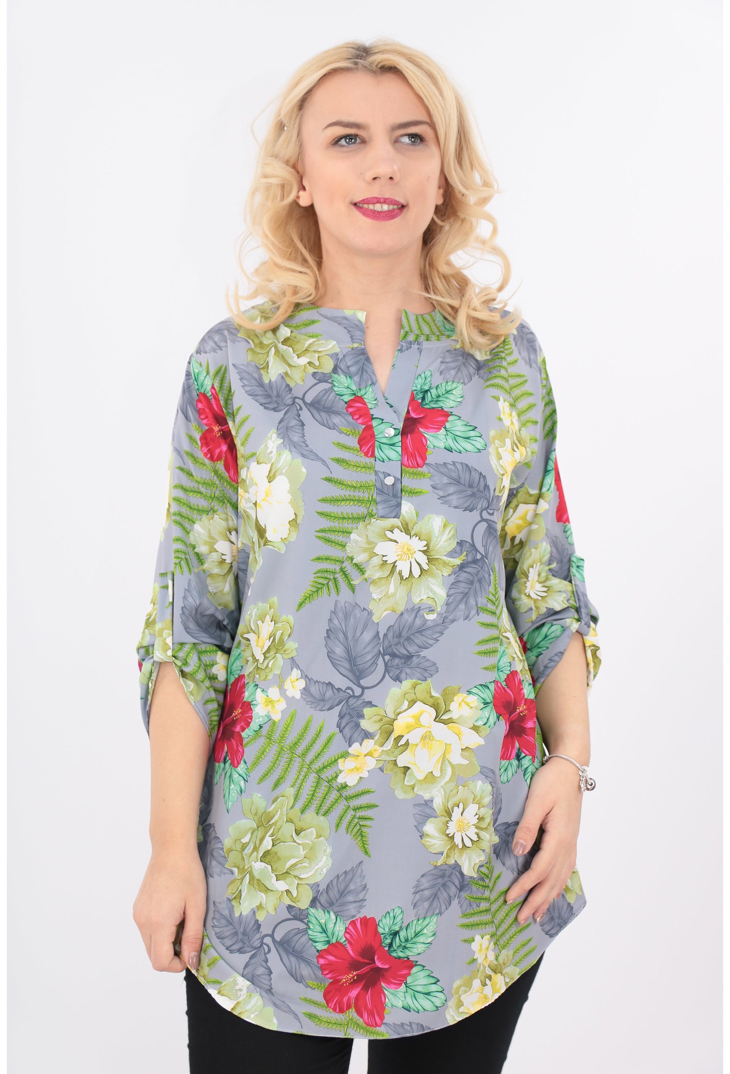 Bluza lunga gri cu print floral