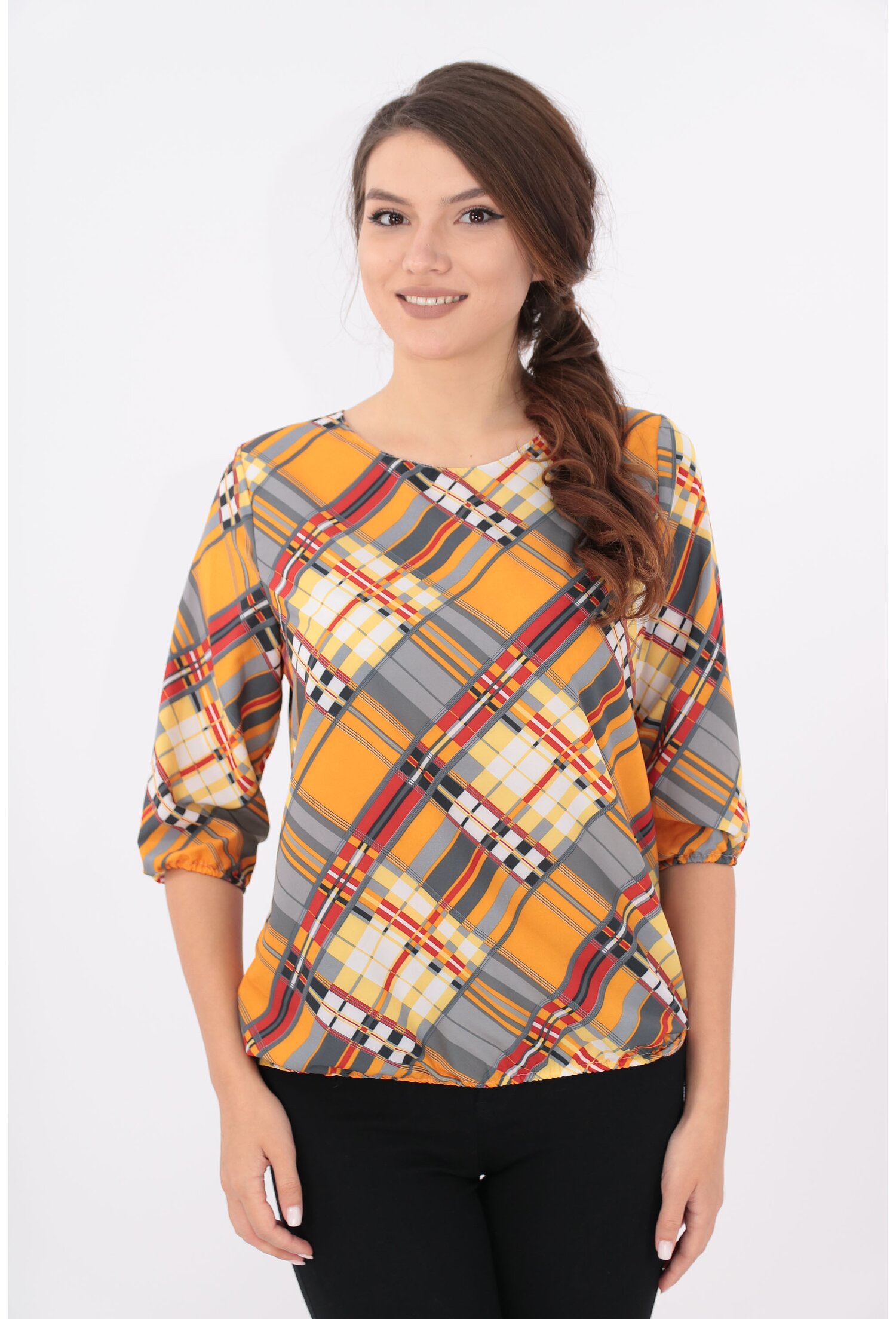 Bluza mustar cu carouri rosii