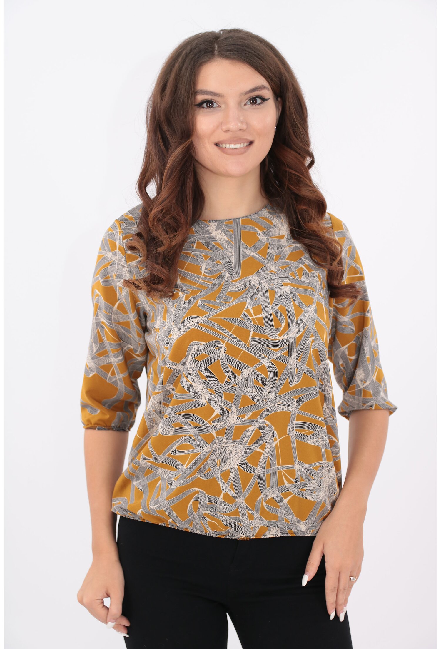Bluza mustar cu desen geometric fin bej