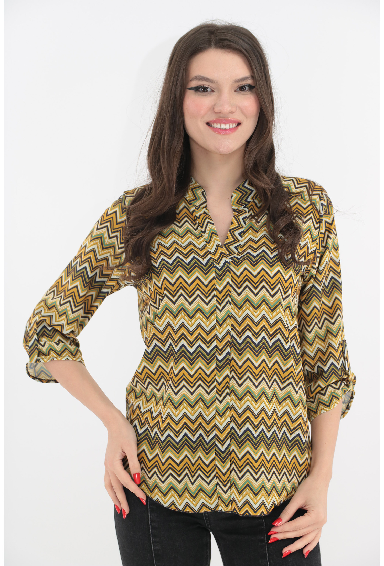 Bluza mustar cu print violet in zig-zag