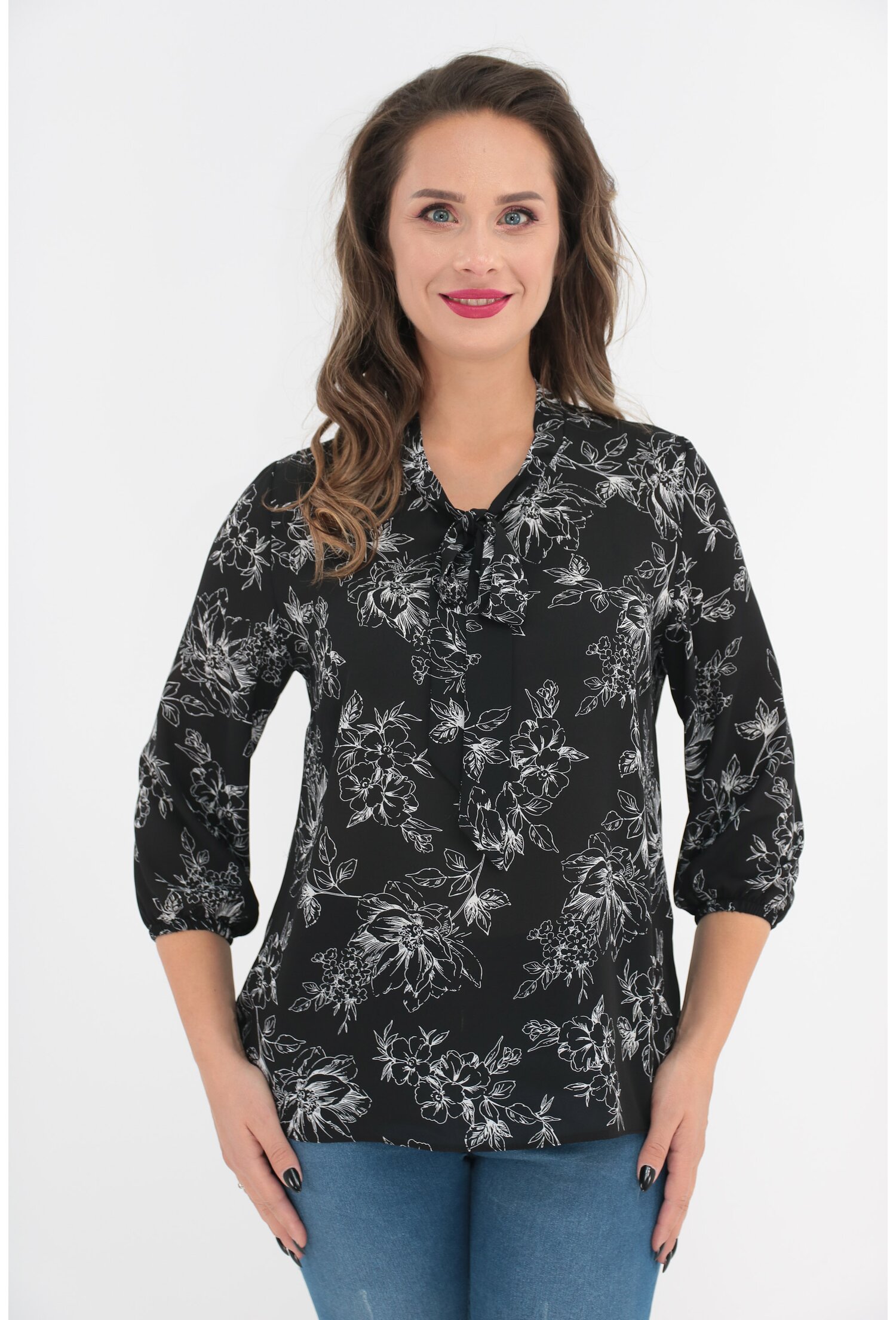 Bluza neagra cu fundita si print floral alb - Bluze elegante