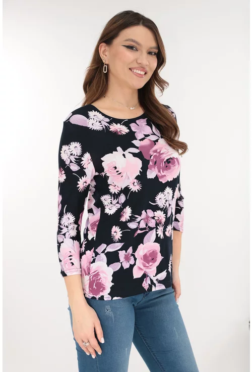 Bluza neagra din bumbac cu flori maxi lila