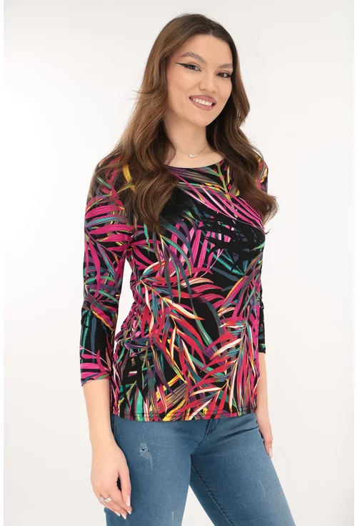 Bluza neagra din vascoza cu imprimeu tropical ciclamen