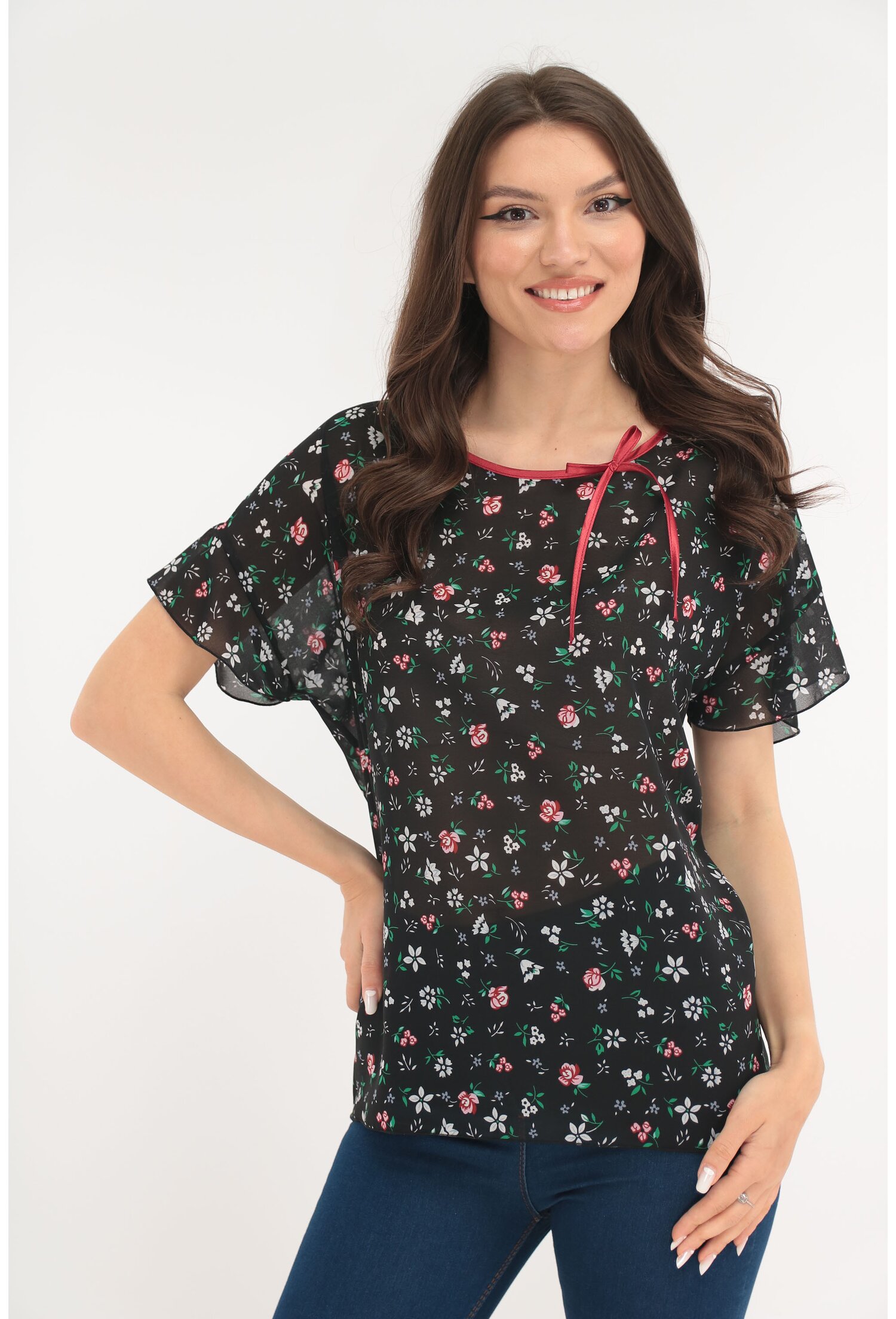 Bluza neagra din voal cu print floral multicolor