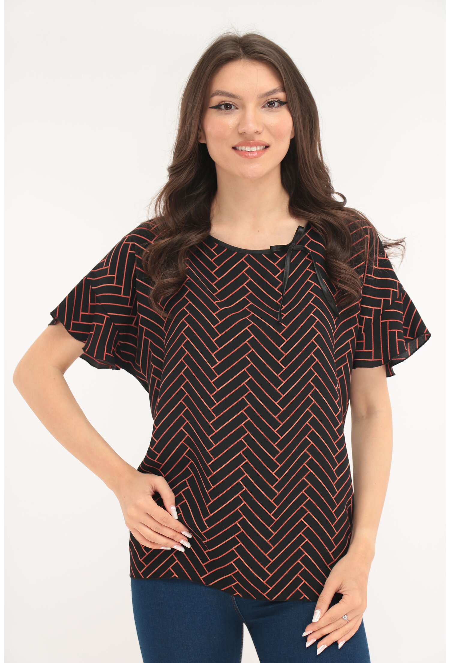 Bluza neagra din voal cu print geometric caramiziu