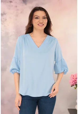 Bluza office bleu cu maneci bufante