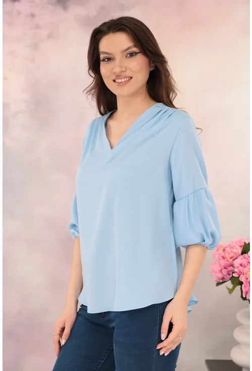 Bluza office bleu cu maneci bufante