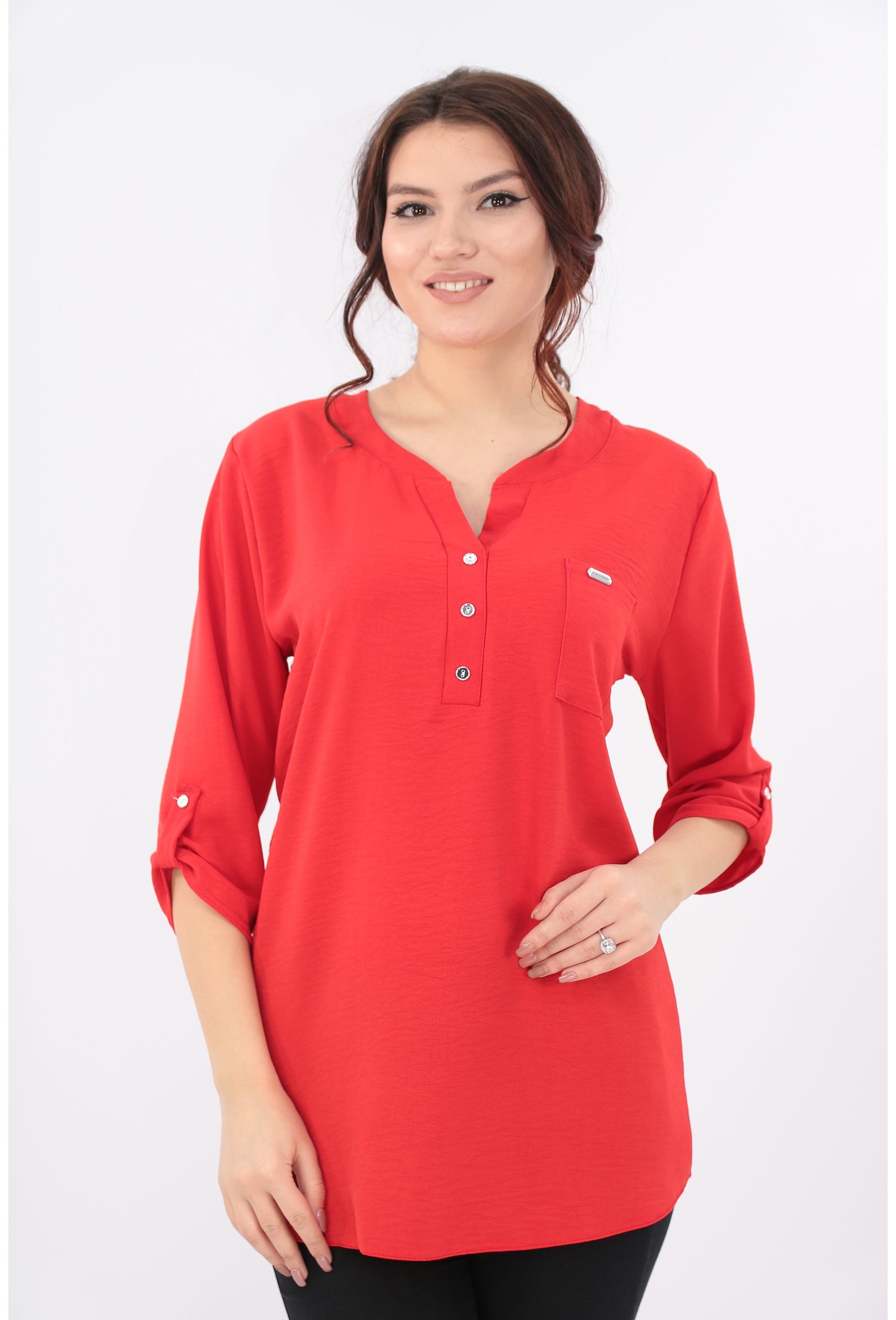 Bluza rosie cu guler tunica si buzunar