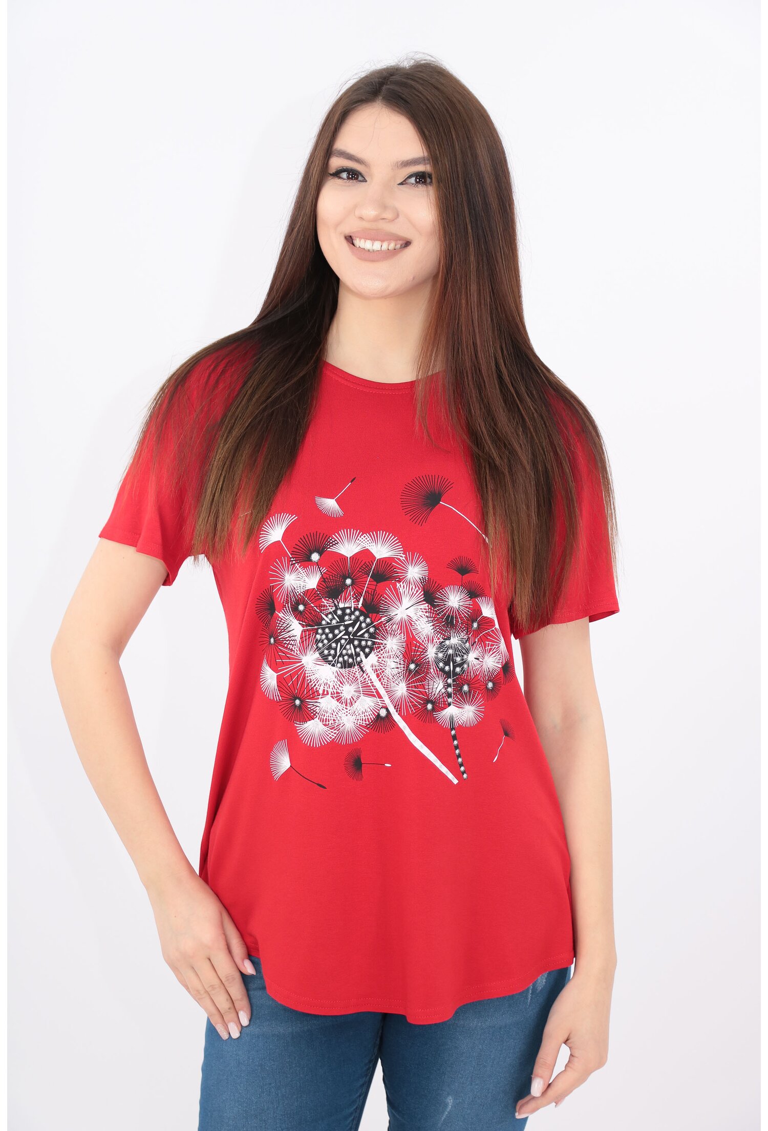 Bluza rosie cu print floral alb-negru