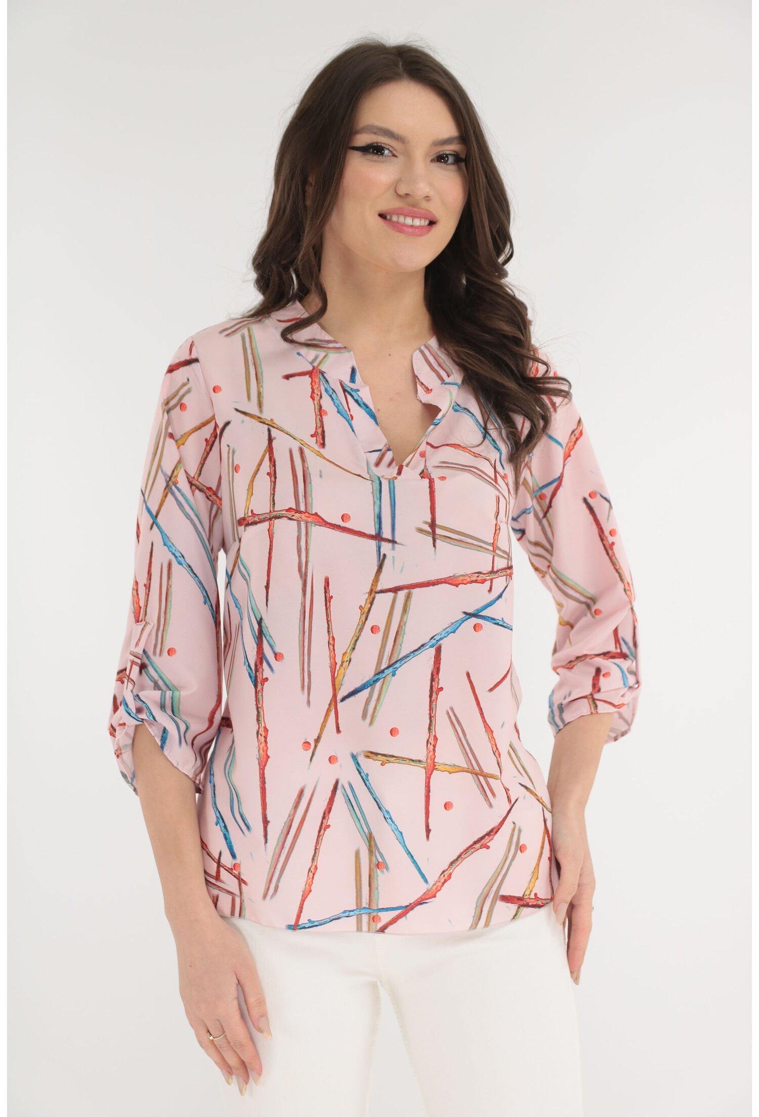 Bluza roz cu guler tunica si imprimeu abstract rosu-albastru