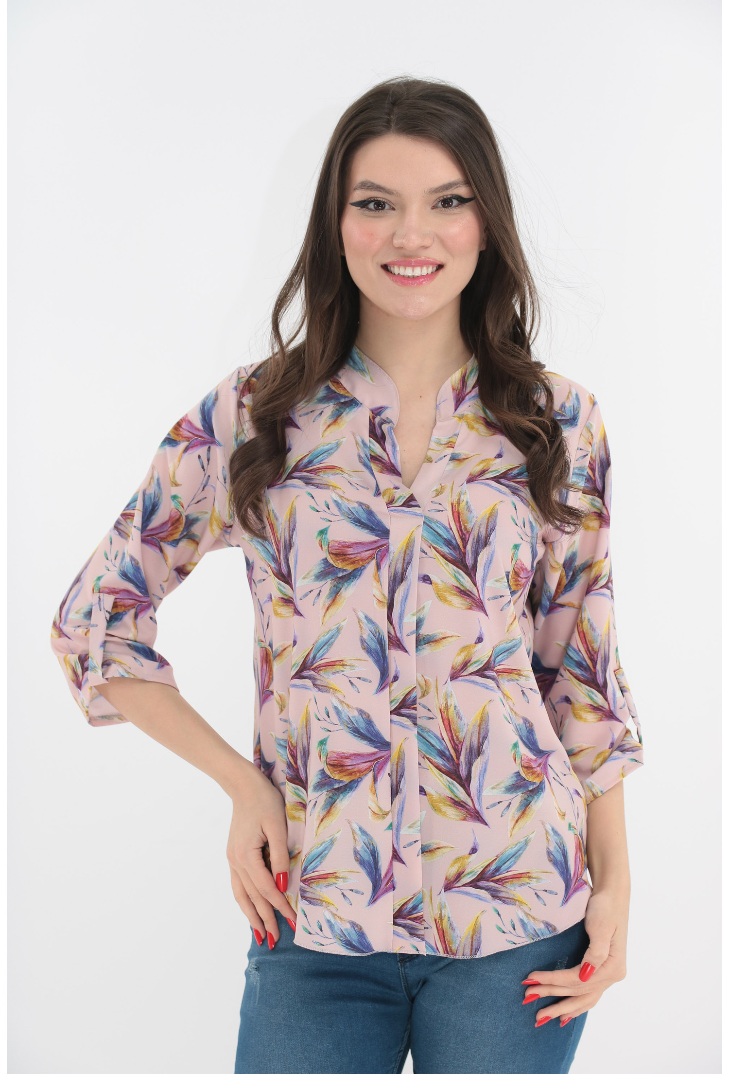 Bluza roz-pudra cu print floral multicolor