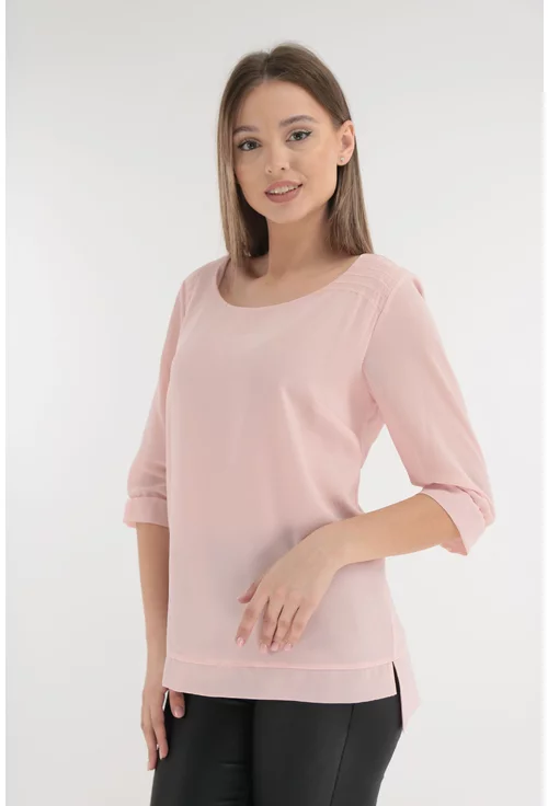 Bluza roz-pudra din voal cu tiv asimetric
