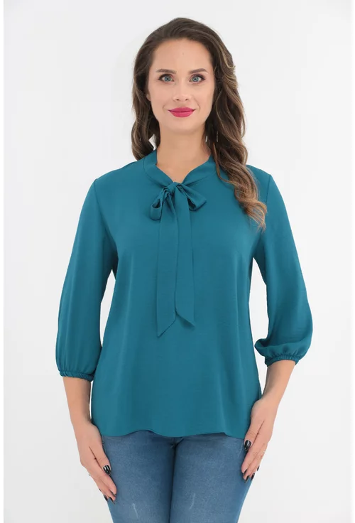 Bluza turcoaz cu fundita si maneci 3/4