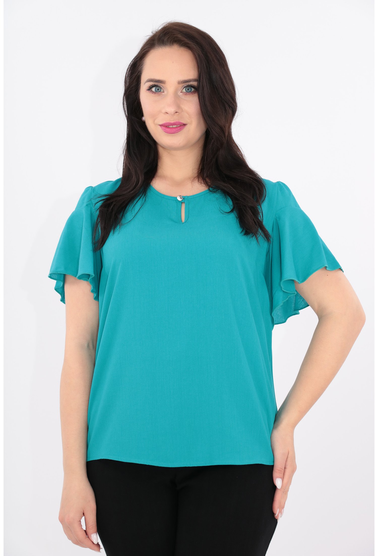 Bluza turcoaz cu maneci scurte cu volane