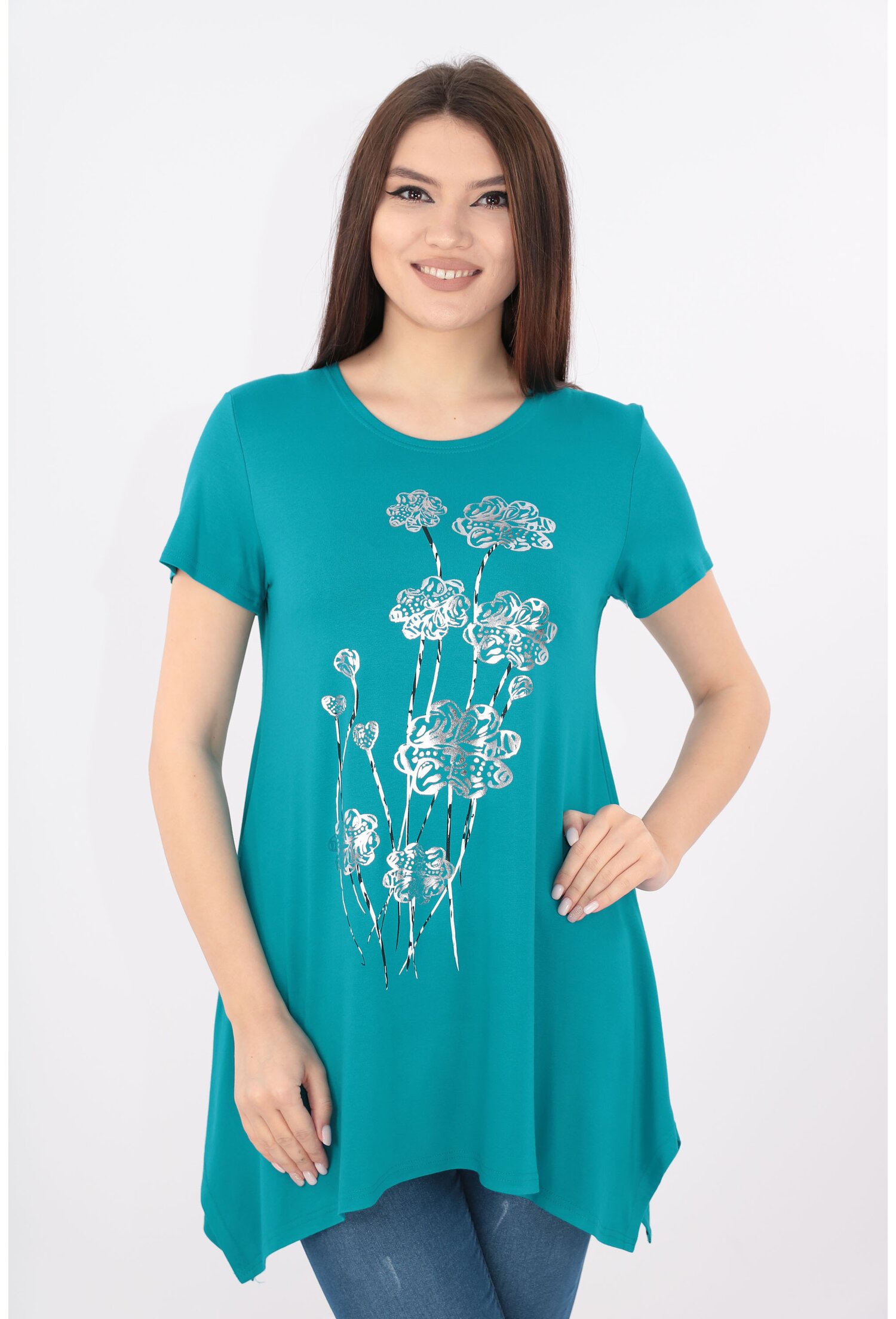 Bluza turcoaz cu print floral argintiu