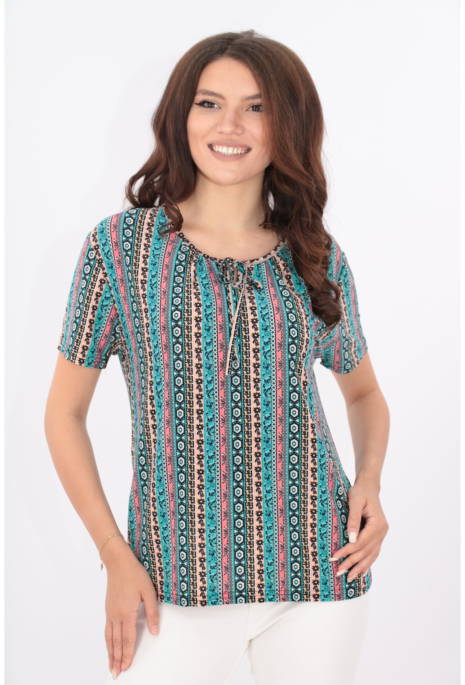 Bluza turcoaz cu print geometric roz-bej