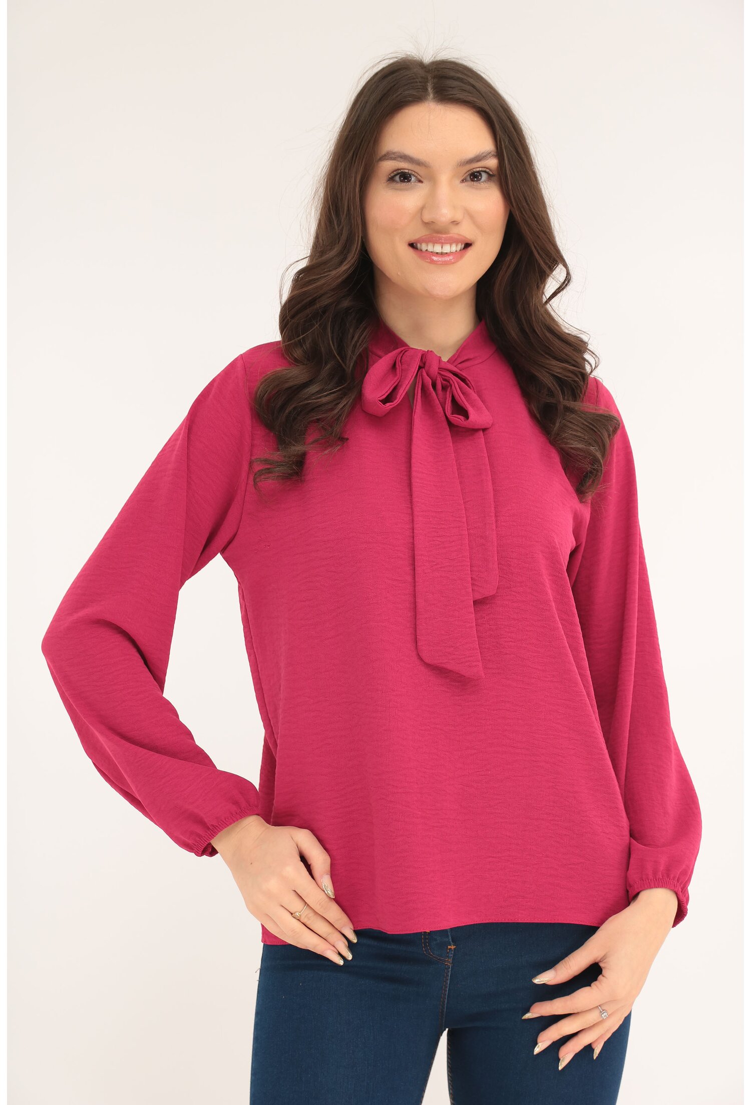 Bluza uni fucsia cu esarfa la decolteu