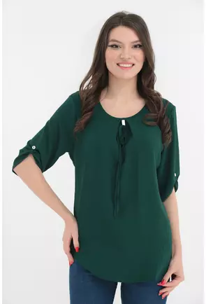 Bluza uni verde-smarald cu pliuri si accesoriu argintiu