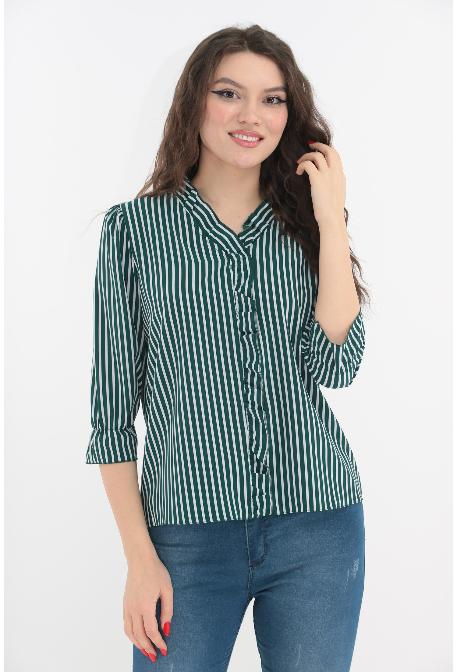 Bluza verde cu dungi albe si volanase - Bluze elegante