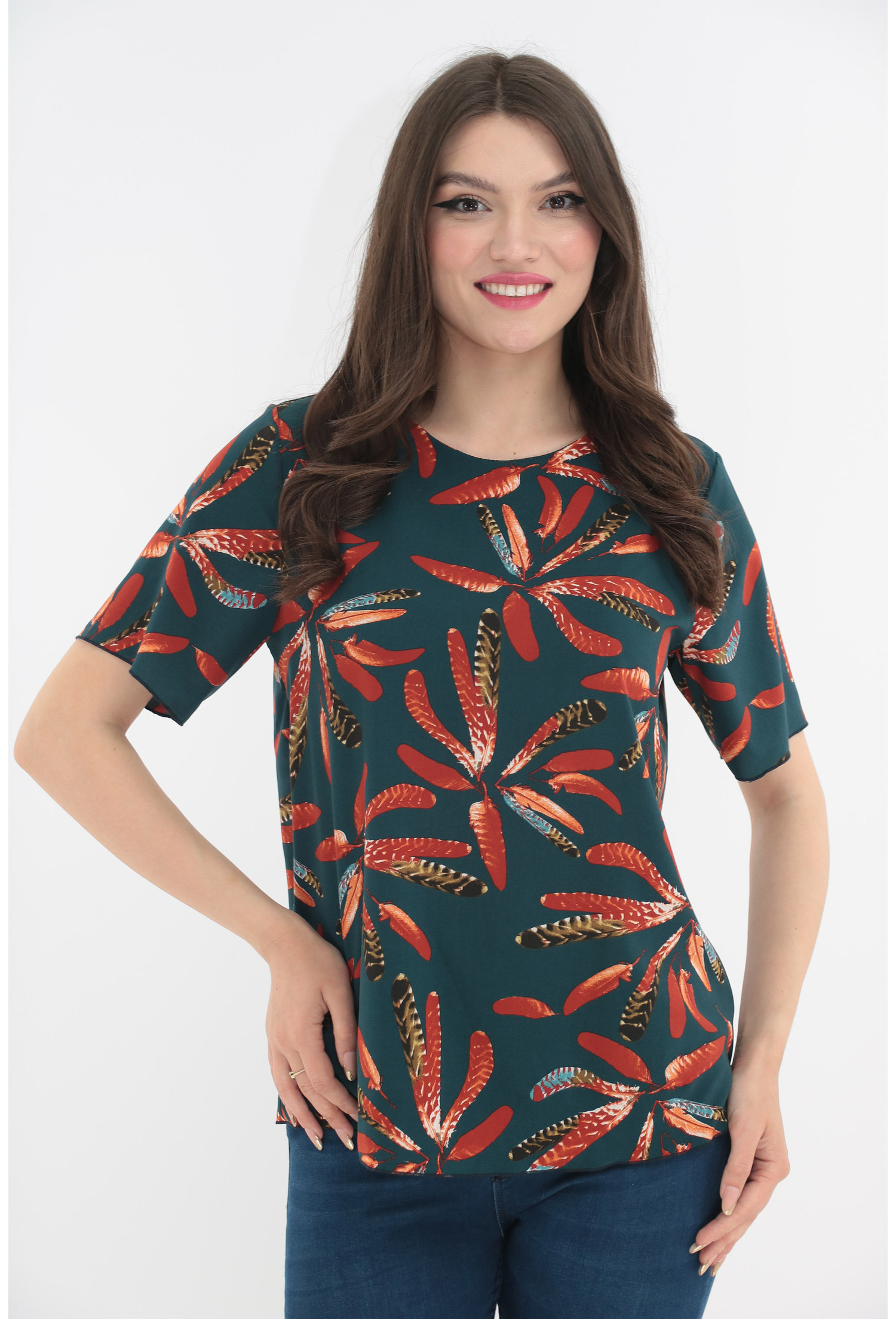 Bluza verde cu imprimeu abstract caramiziu - Bluze casual