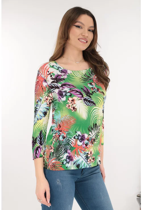 Bluza verde din vascoza cu imprimeu tropical multicolor