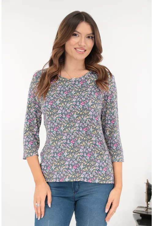 Bluza verde din vascoza cu print floral roz-galben