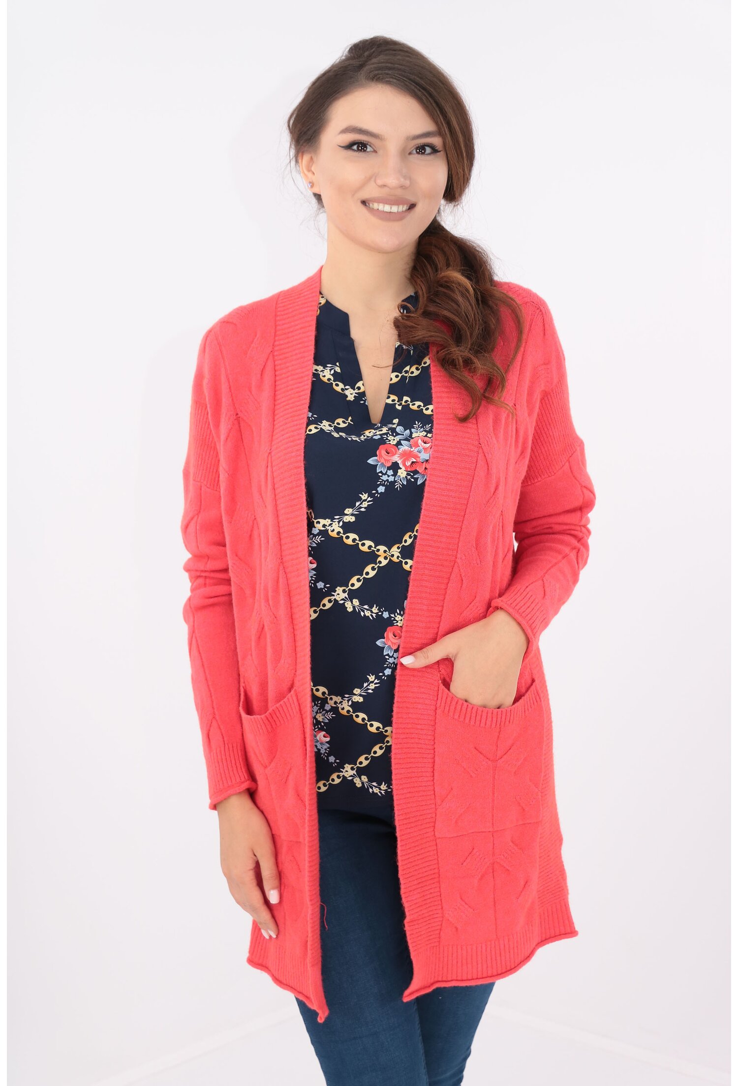 Cardigan corai lung cu buzunare