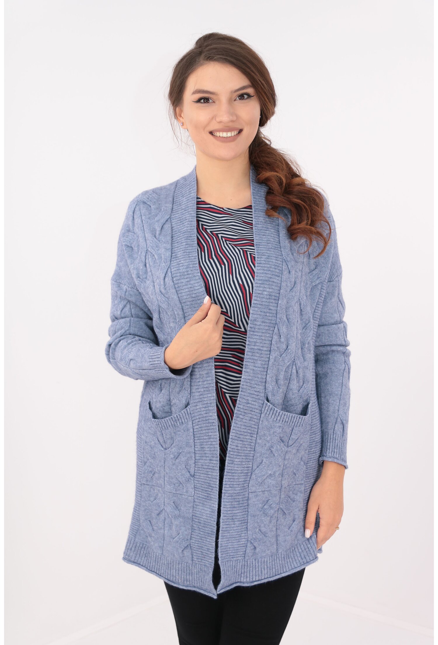 Cardigan gri petrol lung cu buzunare