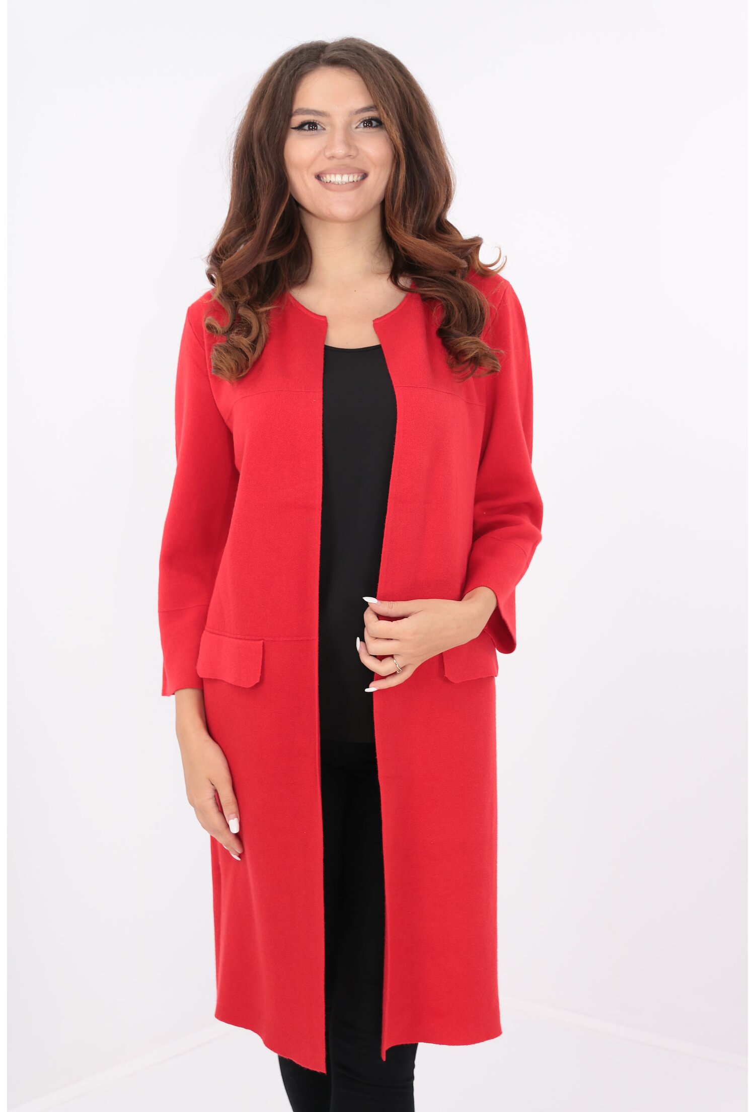 Cardigan rosu lung cu clape