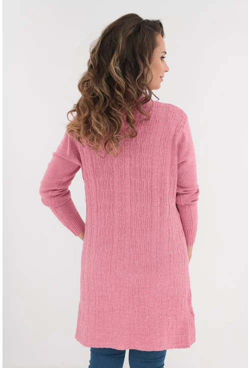 Cardigan roz tricotat cu model in relief si brosa