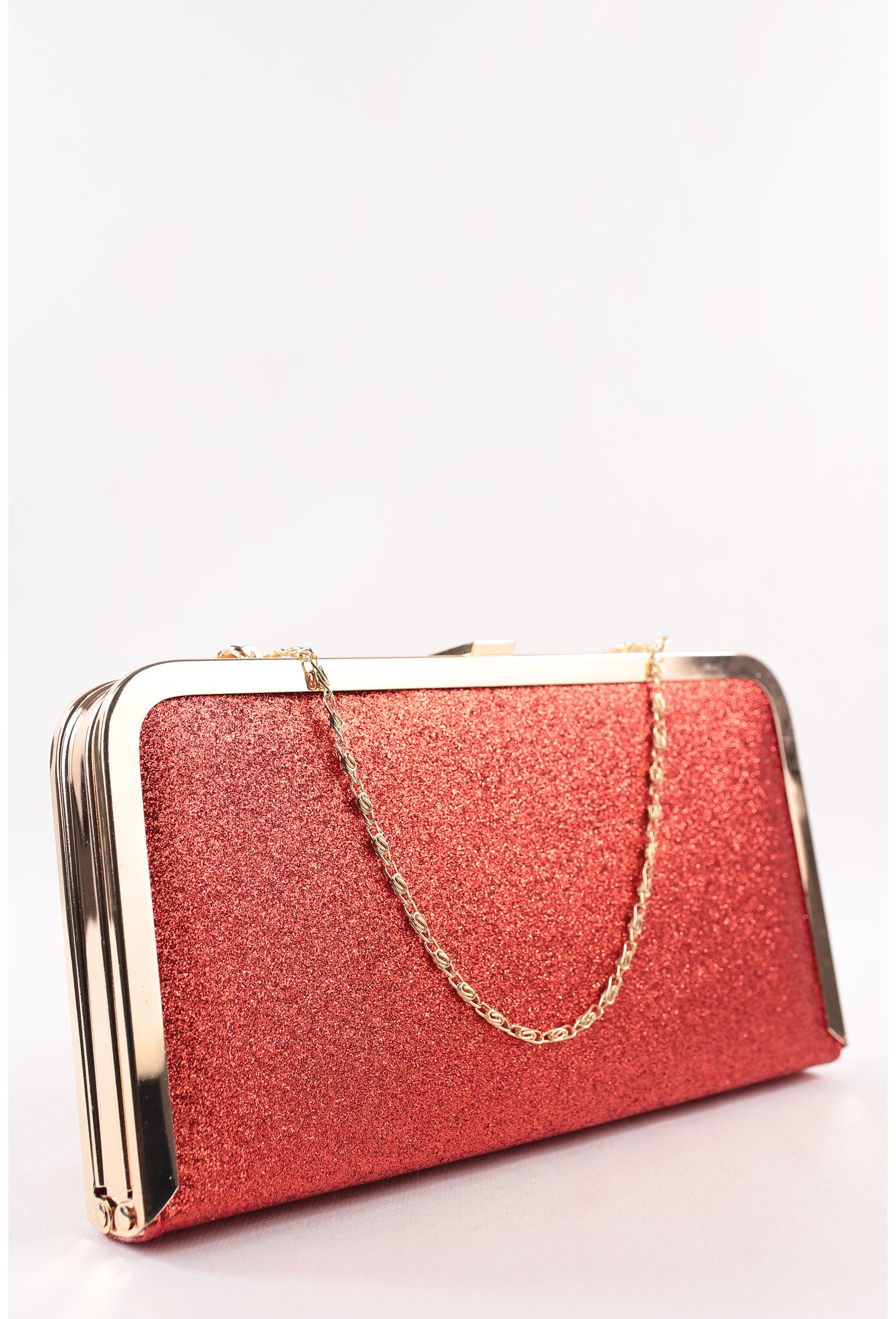 Clutch rosu din material textil tip lurex