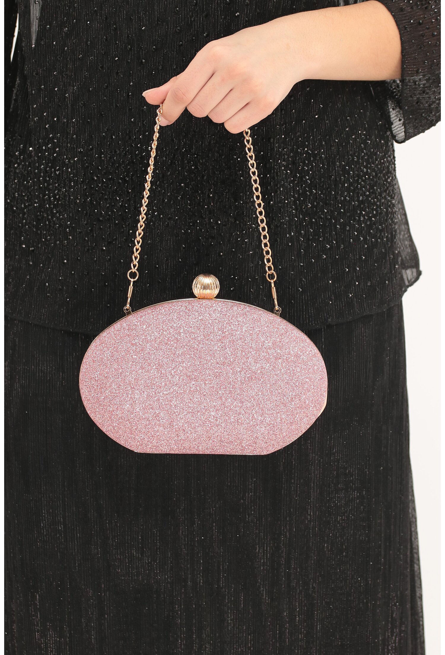 Clutch roz cu glitter si forma ovala