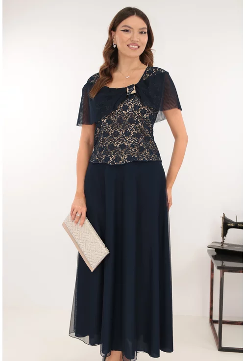 Compleu elegant - bluza din dantela si fusta din tulle bleumarin