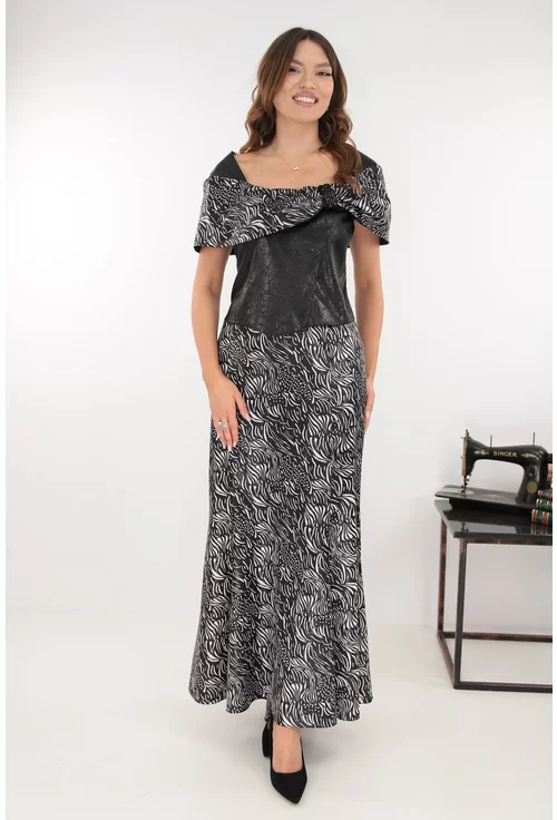 Compleu elegant - bluza si fusta neagra cu imprimeu alb
