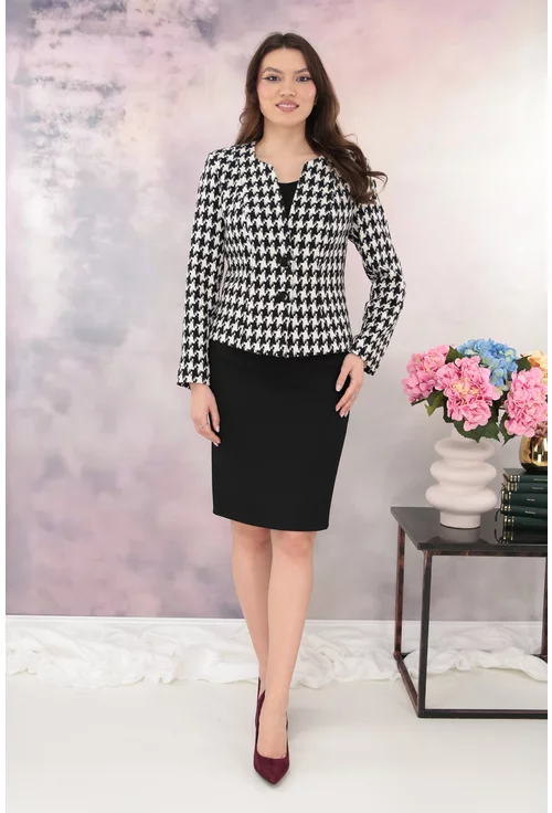 Costum - sacou cu model alb-negru picior de cocos si fusta neagra