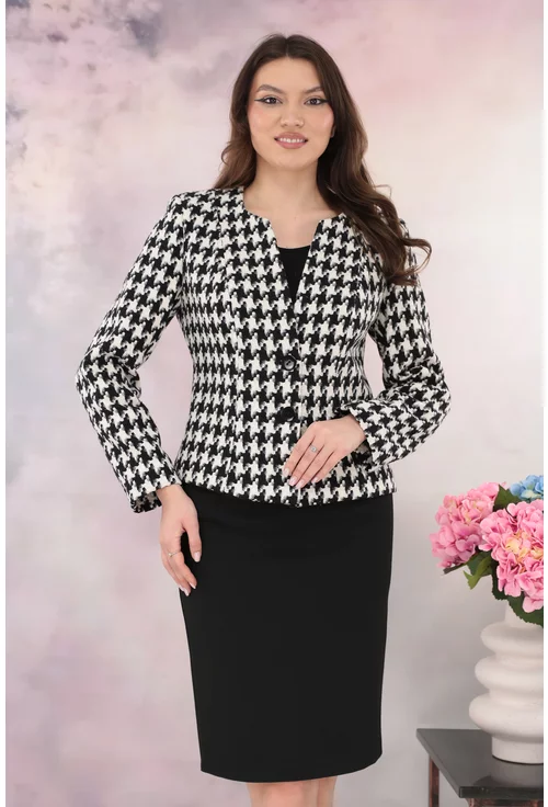 Costum - sacou cu model alb-negru picior de cocos si fusta neagra