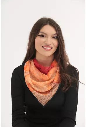 Esarfa patrata din matase cu print floral maxi orange