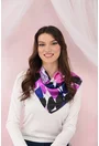Esarfa patrata din matase satinata cu imprimeu abstract roz-lila